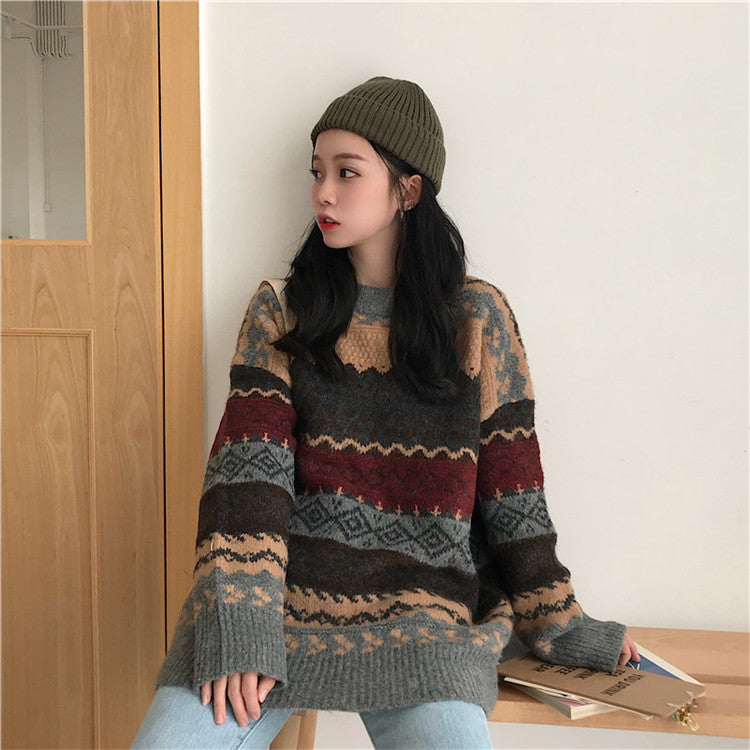 Oversized Fair Isle Crew-Neck Sweater in Charcoal Multi — full-length view on model