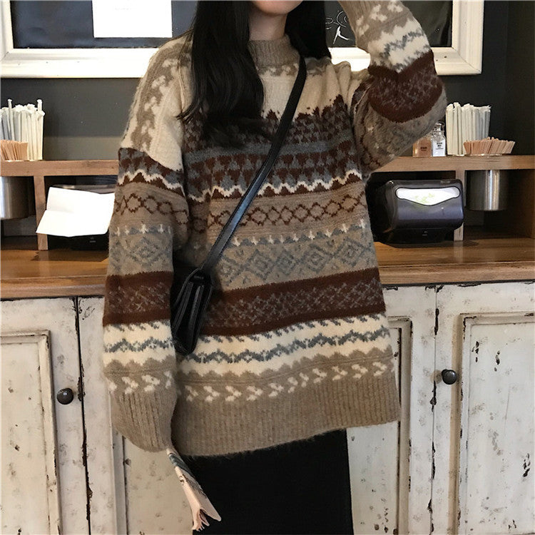 Oversized Fair Isle Crew-Neck Sweater in Khaki Multi — close view on model