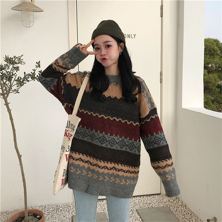Oversized Fair Isle Crew-Neck Sweater in Charcoal Multi — full-length view on model