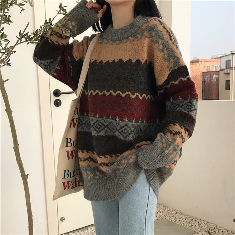 Oversized Fair Isle Crew-Neck Sweater in Charcoal Multi — on model