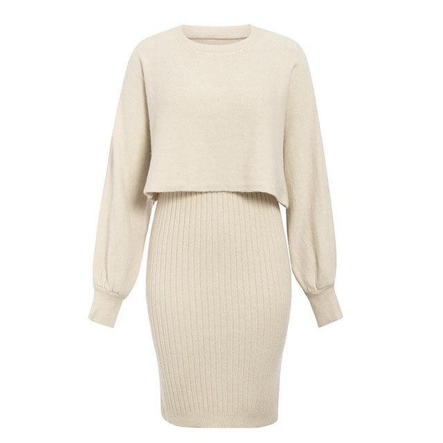 Cropped Sweater and Ribbed Knit Dress Set in Ivory — front view, cut out