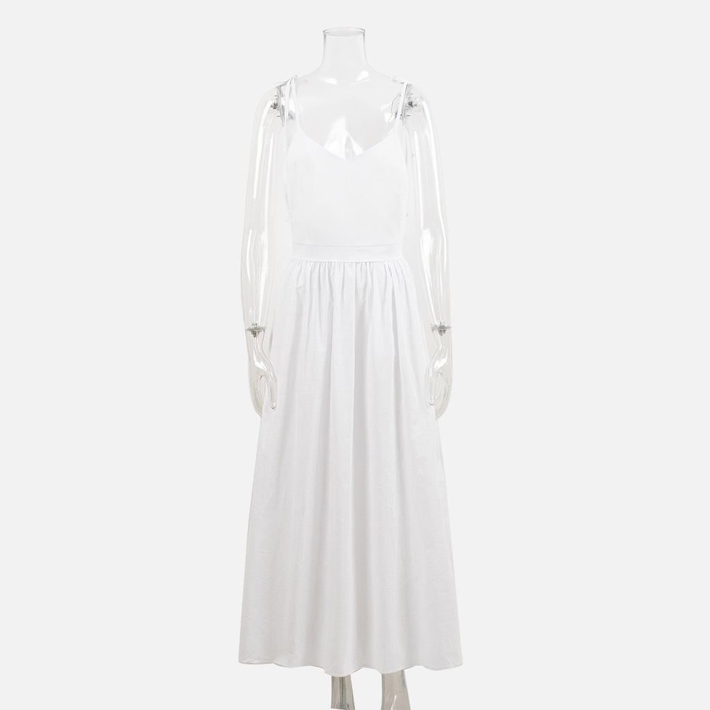 Tie-Shoulder Open-Back Cotton Maxi Dress in White — front view on mannequin