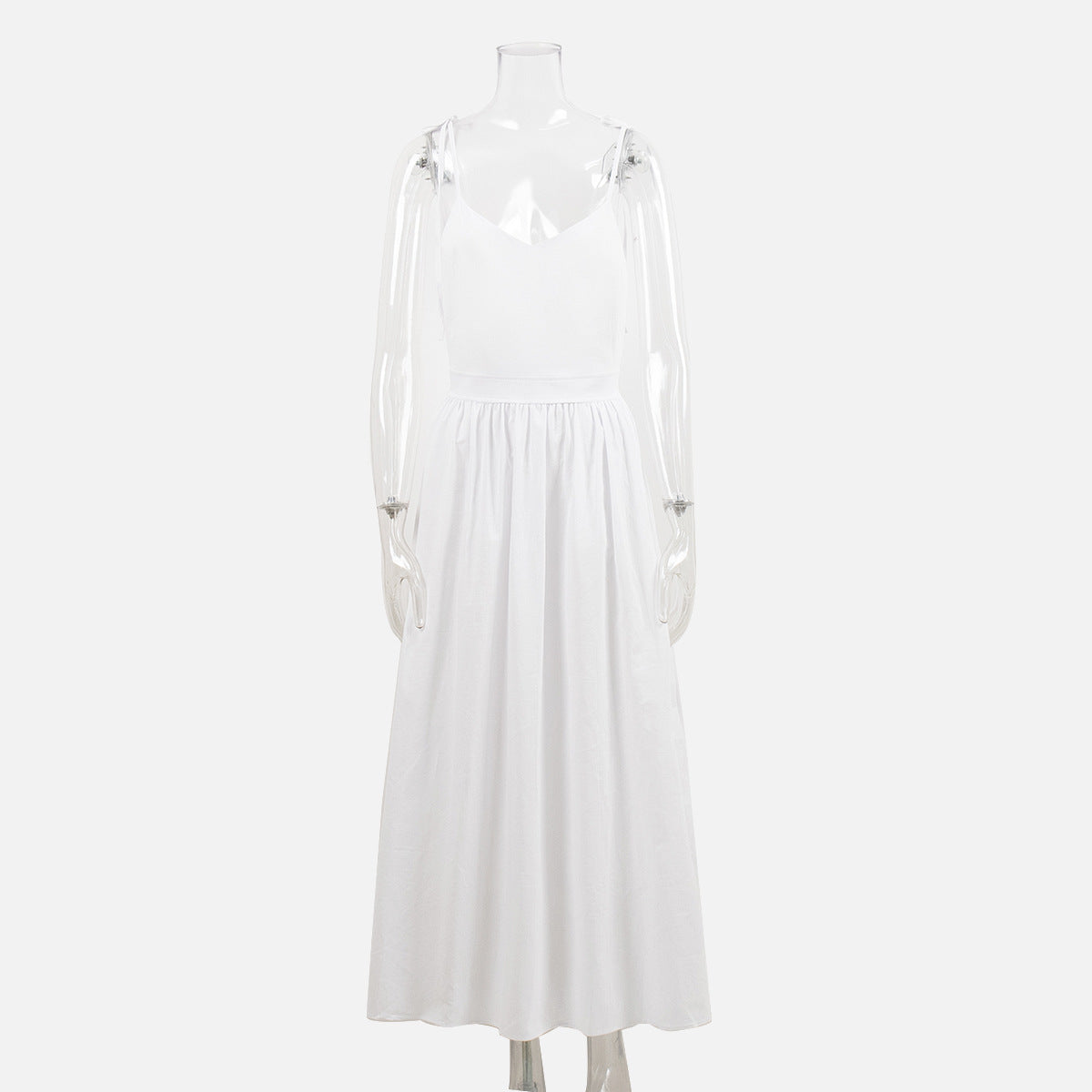 Tie-Shoulder Open-Back Cotton Maxi Dress in White — front view on mannequin