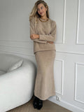 Brushed Knit Sweater & Mermaid Maxi Skirt Set in Oat — full-length front view on model