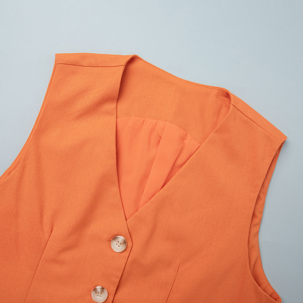Linen Vest & Maxi Skirt Set in Orange — close-up of V-neck and buttons
