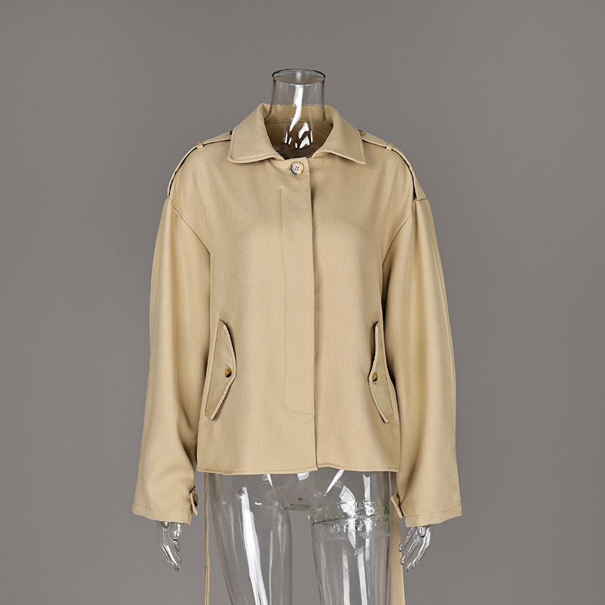 Belted Twill Utility Jacket with Epaulettes in Tan — front view on mannequin