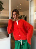 Fuzzy Wool-Blend Crew-Neck Button Cardigan in Red — front view on model