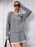 Contrast-Trim Cardigan and Pleated Mini Skirt Set in Heather Gray — front view on model