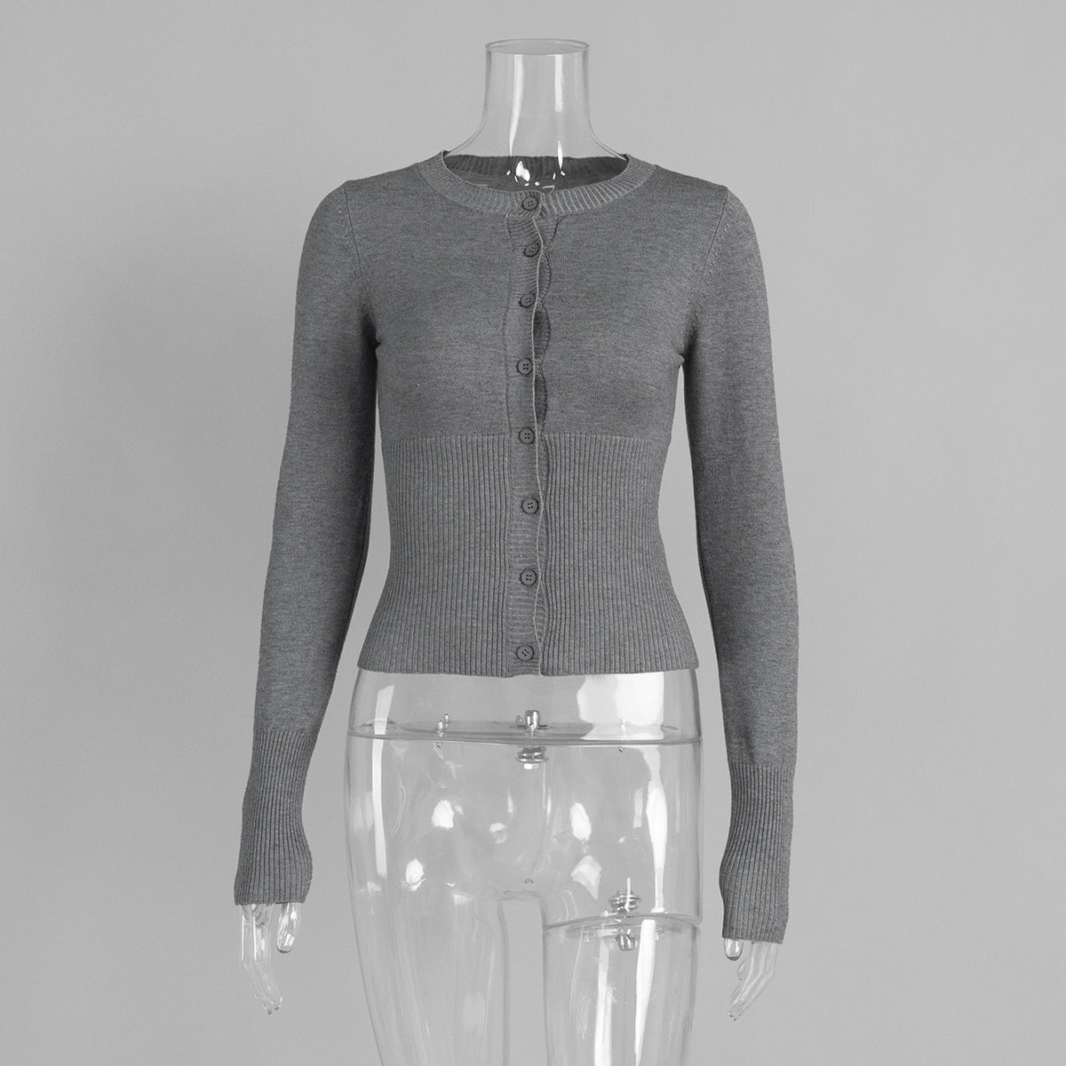 Fitted Cropped Ribbed Knit Cardigan in Heather Gray — front view