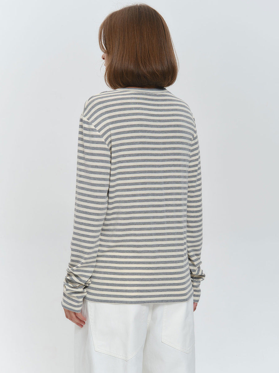 Striped Cotton Crew Neck Long Sleeve Tee in Gray Stripe — back view on model