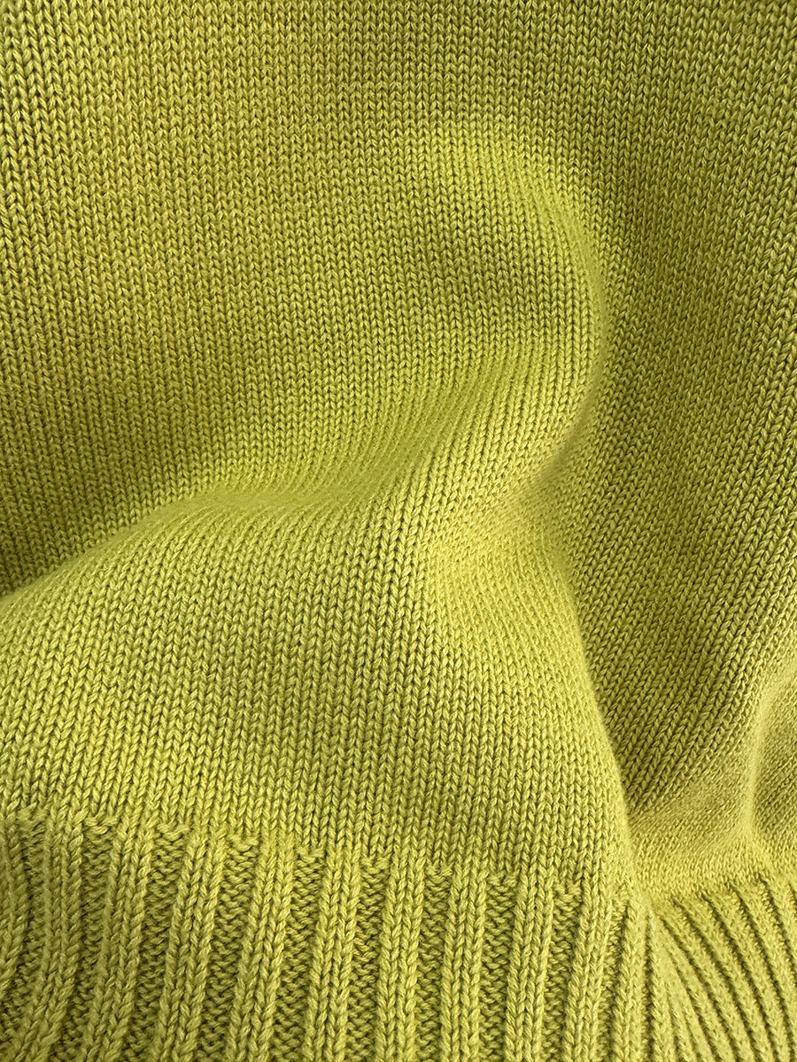 Relaxed Cotton Crew Neck Sweater with Ribbed Cuffs in Chartreuse — knit close-up