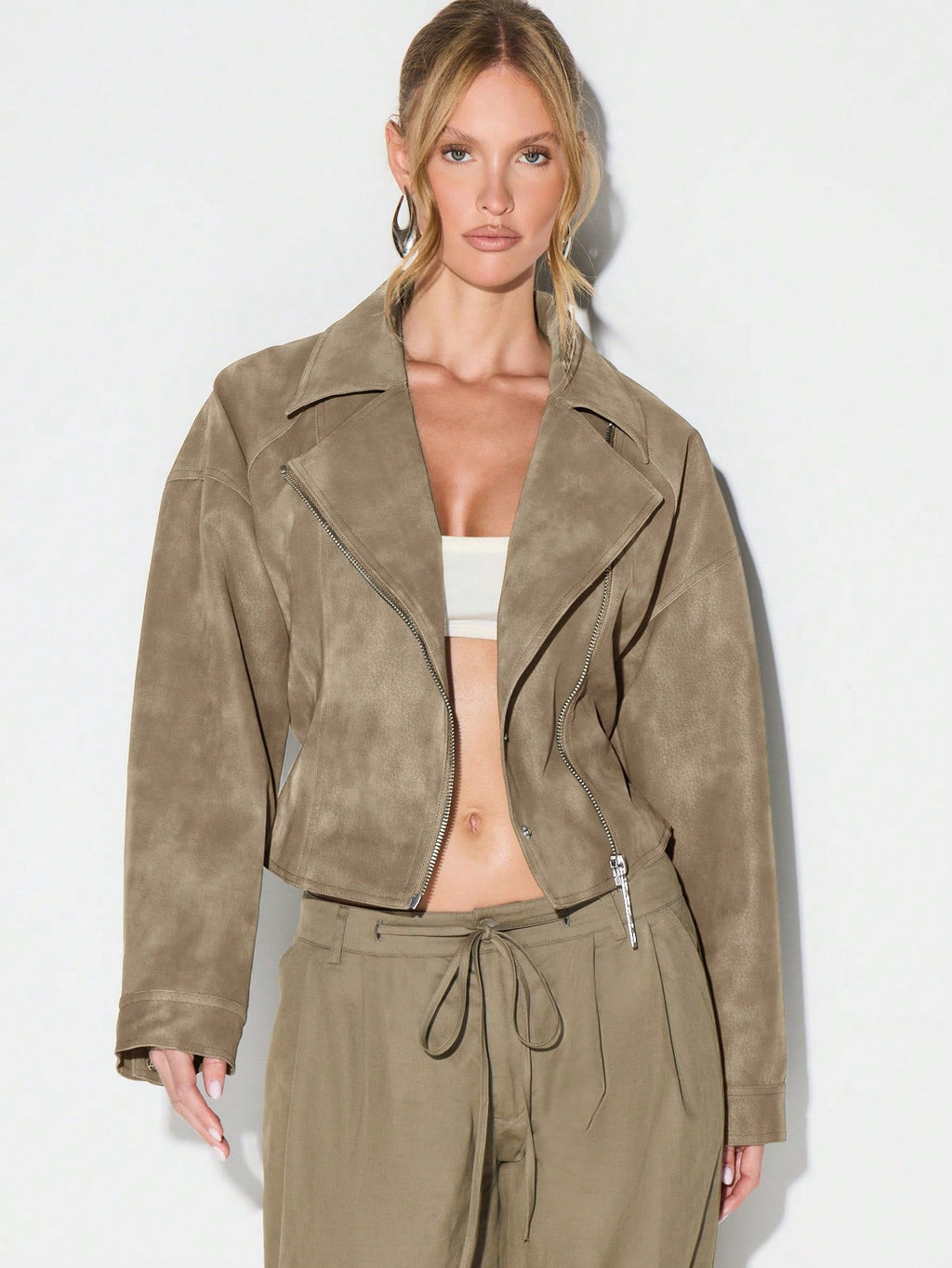Belted Faux Suede Moto Jacket with Asymmetric Zip in Khaki — worn open with lapels on model