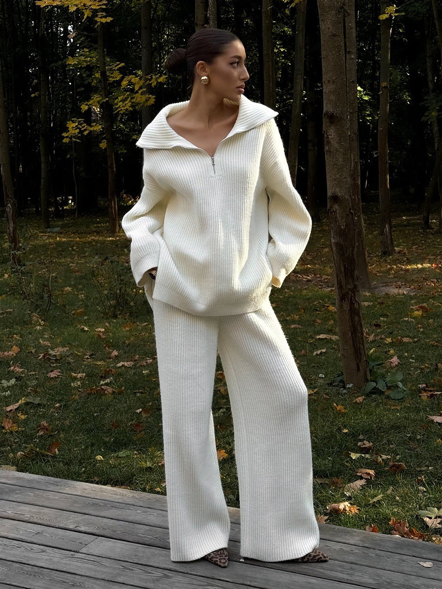 Half-Zip Polo Knit Sweater & Wide-Leg Pants Set in Ivory — full-length view on model