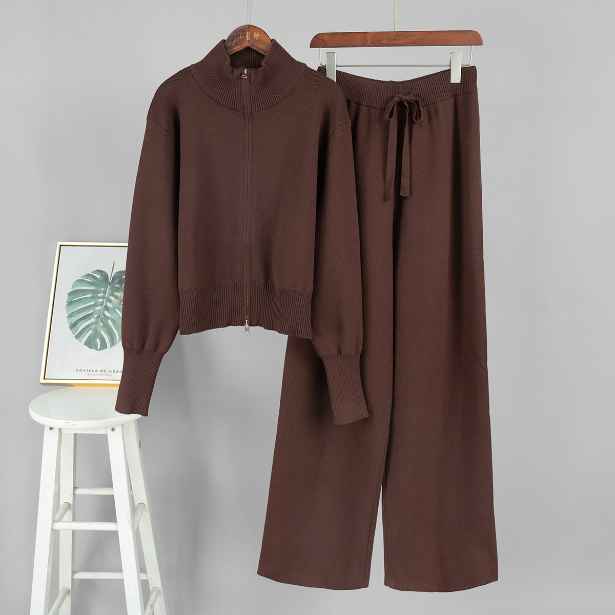 Knit Zip-Up Jacket & Wide-Leg Pants Two-Piece Set in Chocolate — front view