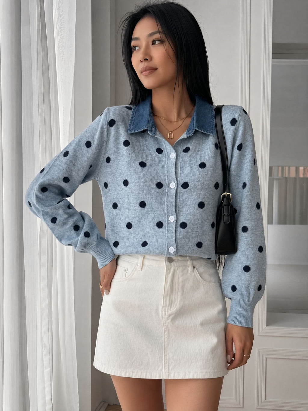 Polka-Dot Cardigan with Denim Collar in Light Blue — on model