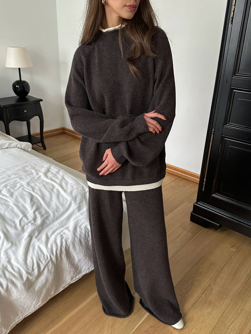 Oversized Wool-Blend Sweater & Wide-Leg Knit Pants Set with Contrast Trim in Espresso — full-length front view on model