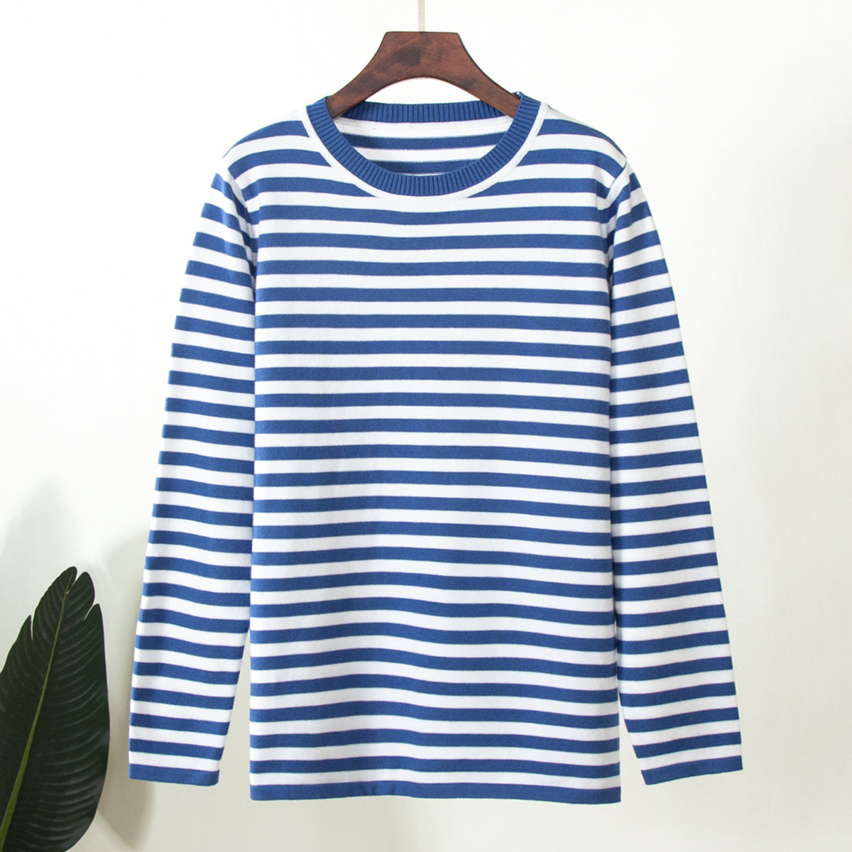 Relaxed Striped Crew Neck Sweater in Blue Stripe — front view