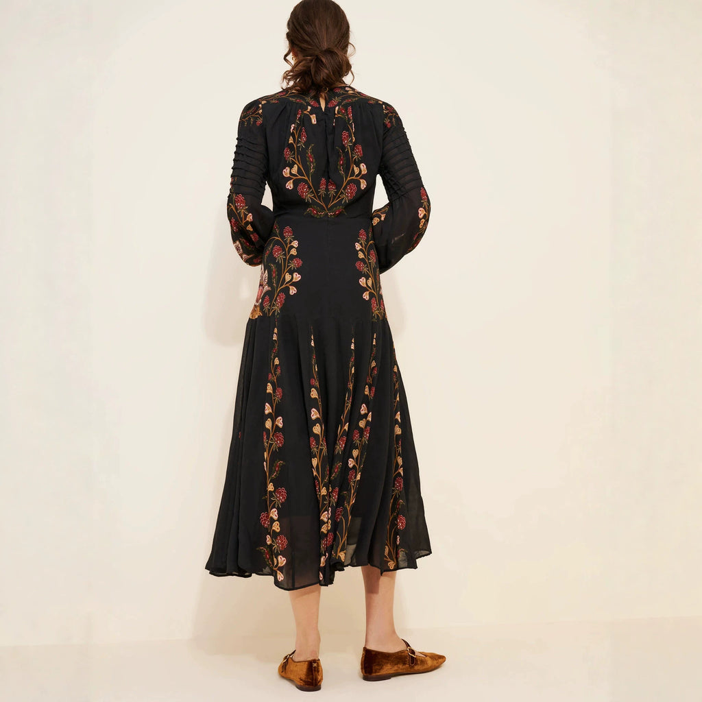 Floral Print Keyhole Midi Dress with Balloon Sleeves in Black — back view on model