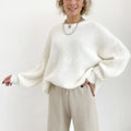 Relaxed Balloon Sleeve Ribbed Sweater in Ivory — front view on model or garment