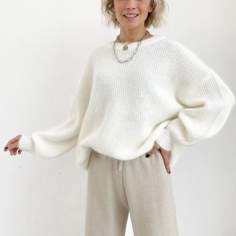 Relaxed Balloon Sleeve Ribbed Sweater in Ivory — front view on model or garment