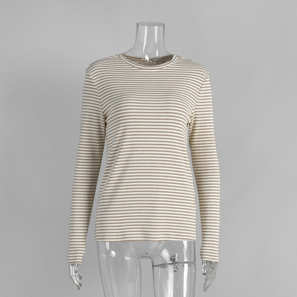 Striped Cotton Crew Neck Long Sleeve Tee in Oat Stripe — front view