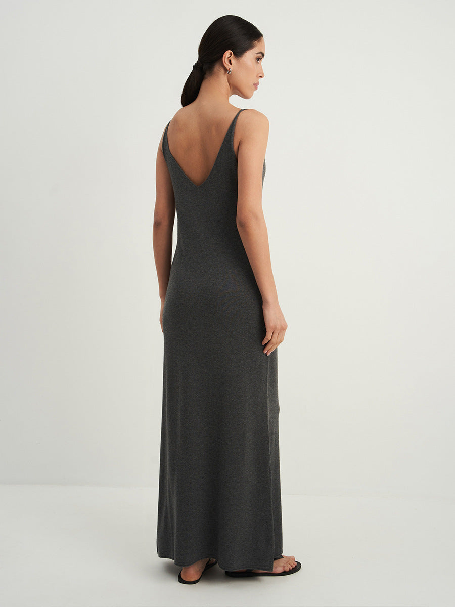 Long Belted Knit Cardigan & Maxi Slip Dress Set in Charcoal Gray — back view of slip dress