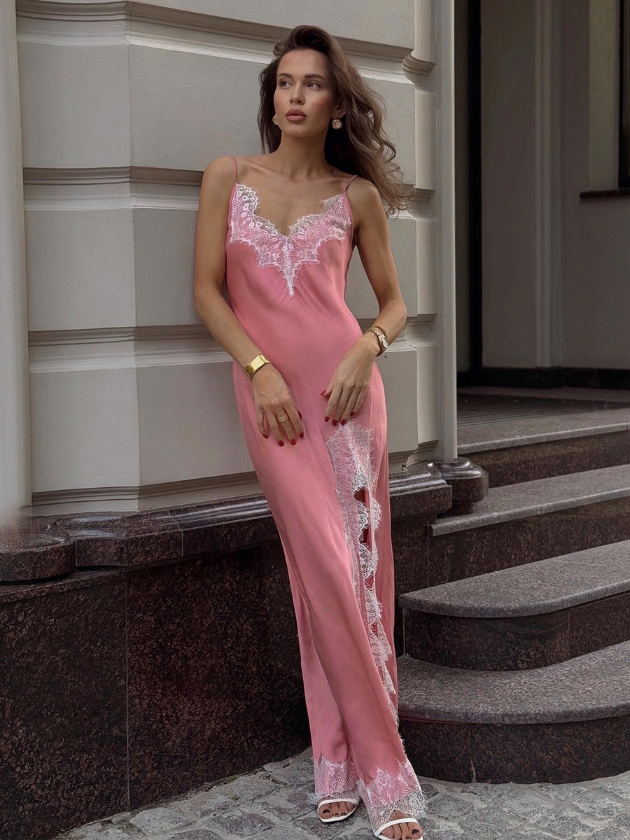 Lace-Trim Satin Maxi Slip Dress in Coral Pink — side view, studio