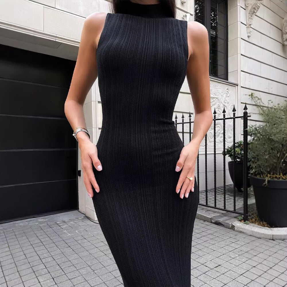 Ribbed Sleeveless Mock-Neck Maxi Dress in Black — on model