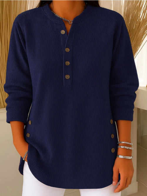 Ribbed Henley Top with Side Buttons in Navy — front view on model