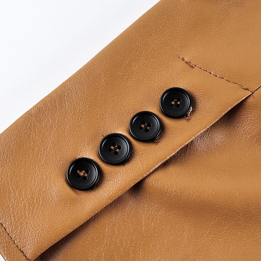 Faux Leather Blazer Jacket with Padded Shoulders in Cognac — close-up of the cuff buttons