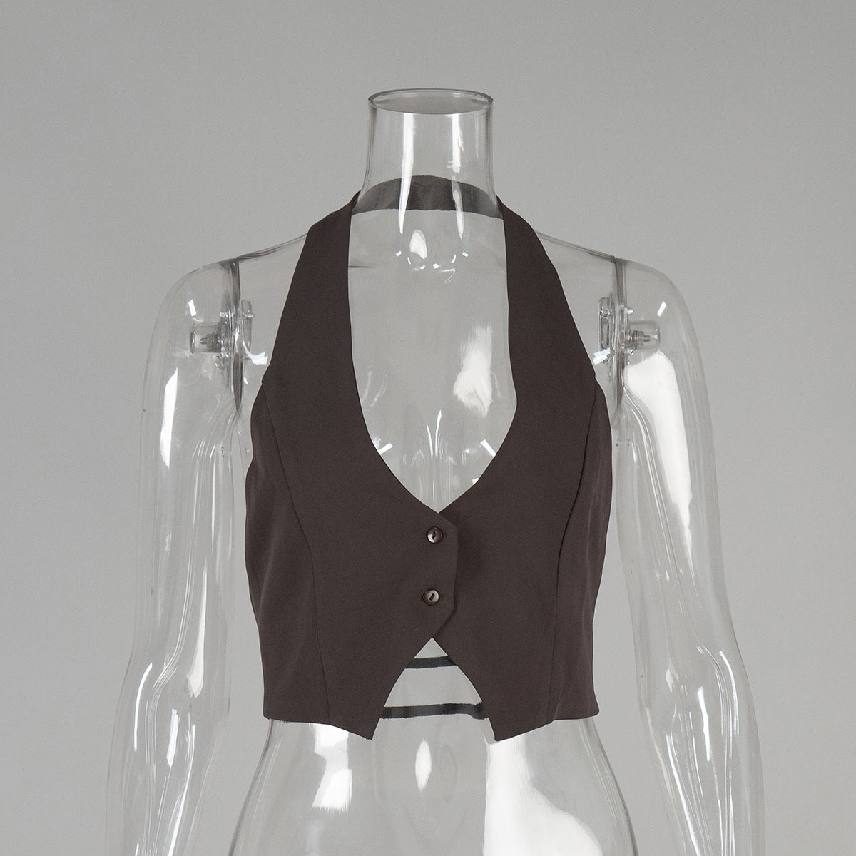 Open-Back Halter Crop Vest in Cocoa — front view on mannequin