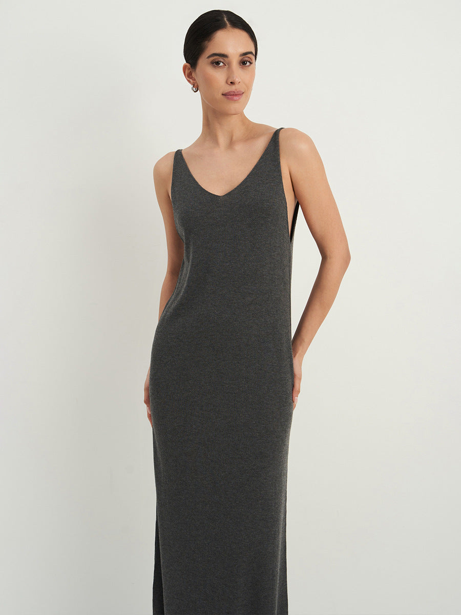 Long Belted Knit Cardigan & Maxi Slip Dress Set in Charcoal Gray — maxi slip dress on model