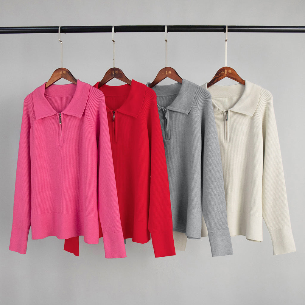 Quarter-Zip Polo Collar Ribbed Sweater in Hot Pink — all four colors side by side