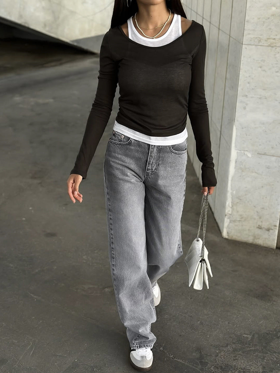Layered-Look Scoop Neck Long-Sleeve Top in Black — full-length view on model