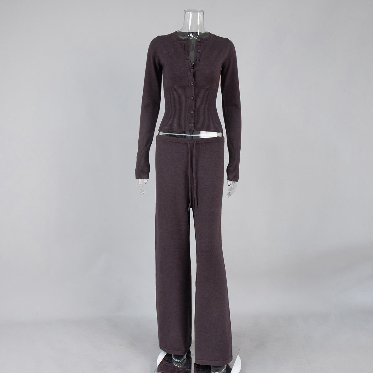 Ribbed Knit Cardigan & Low-Rise Wide-Leg Pants Set in Espresso — front view