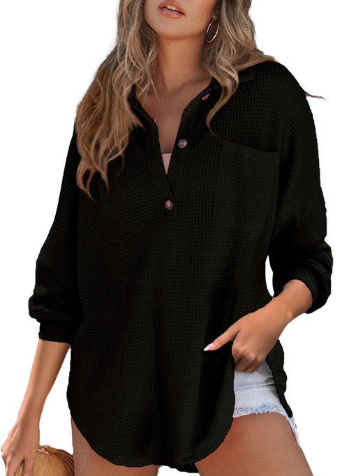 Waffle-Knit Half-Button Pocket Top in Black — front view on model