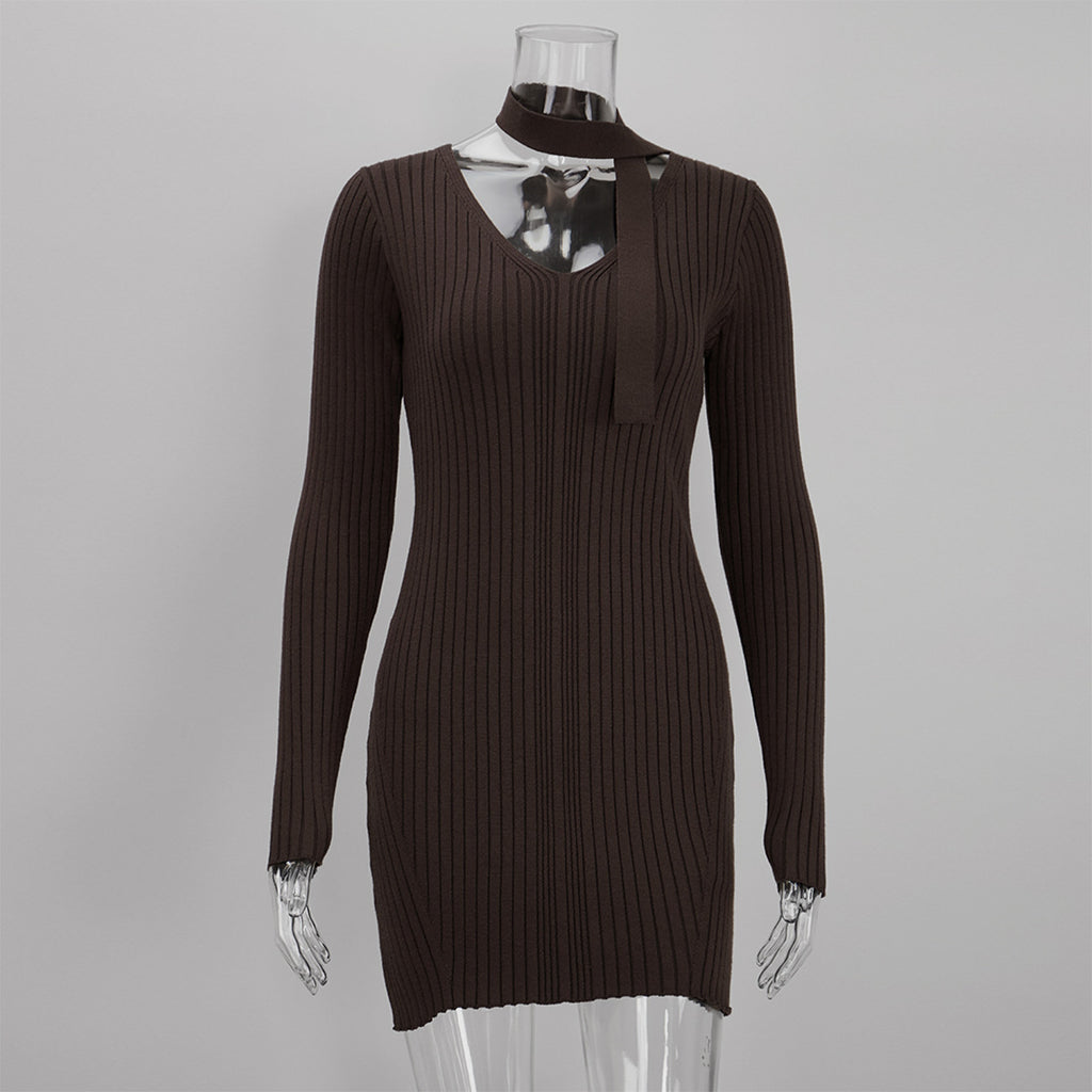 Ribbed V-Neck Knit Mini Dress with Skinny Scarf Tie in Chocolate — dress front view with scarf