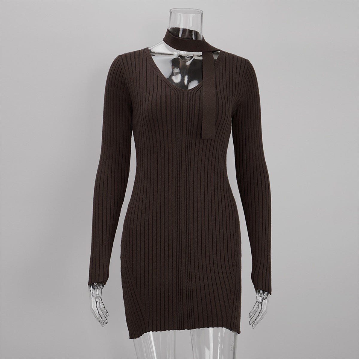 Ribbed V-Neck Knit Mini Dress with Skinny Scarf Tie in Chocolate — dress front view with scarf