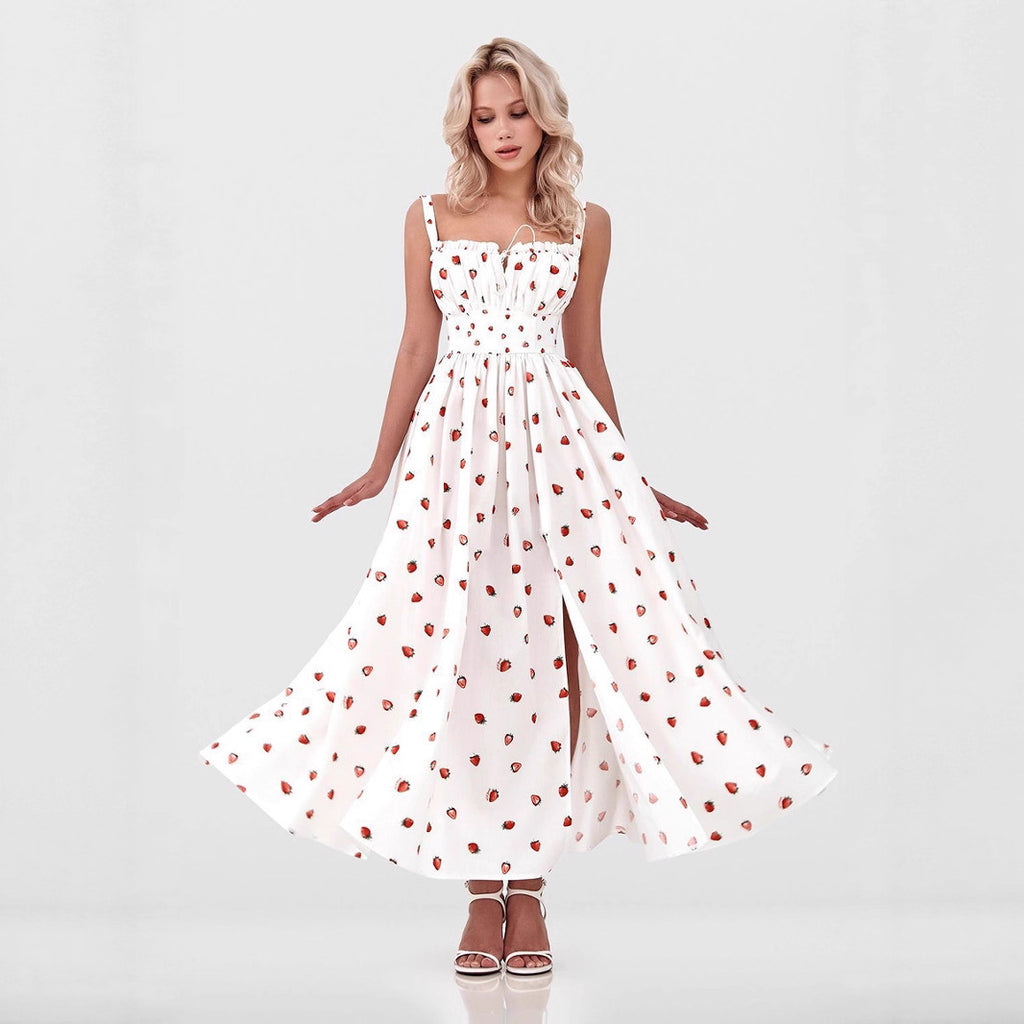 Printed Tie-Strap Maxi Dress with Side Slit in Strawberry Print — front view on model