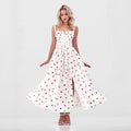 Printed Tie-Strap Maxi Dress with Side Slit in Strawberry Print — front view on model