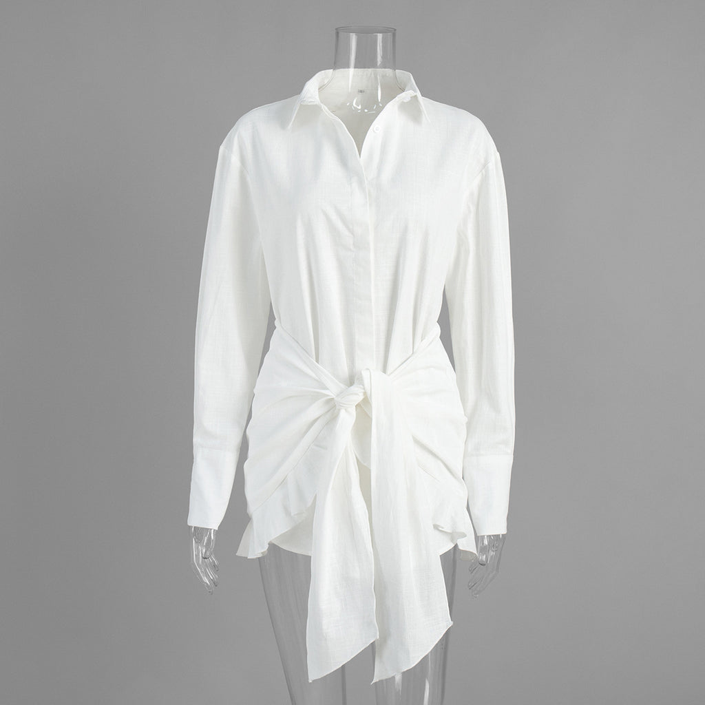 Tie-Front Cotton Mini Shirt Dress in White — front view on mannequin