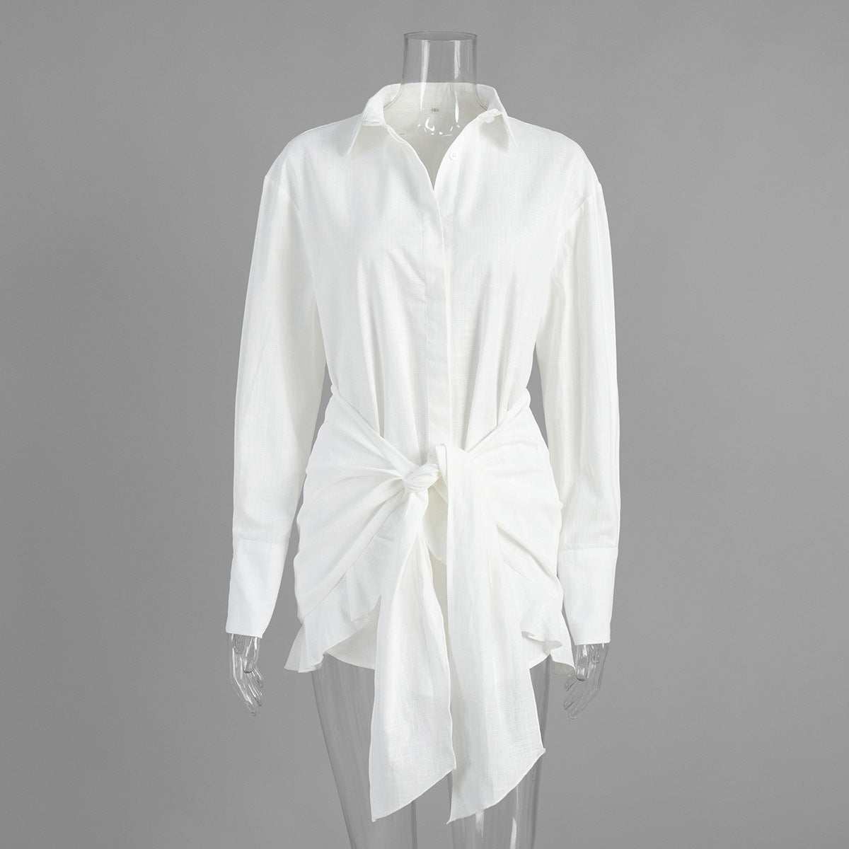Tie-Front Cotton Mini Shirt Dress in White — front view on mannequin