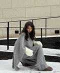 Three Piece Ribbed Sweater and Pants Set with Scarf in Heather Gray — model wearing the sweater, pants, and wrap scarf