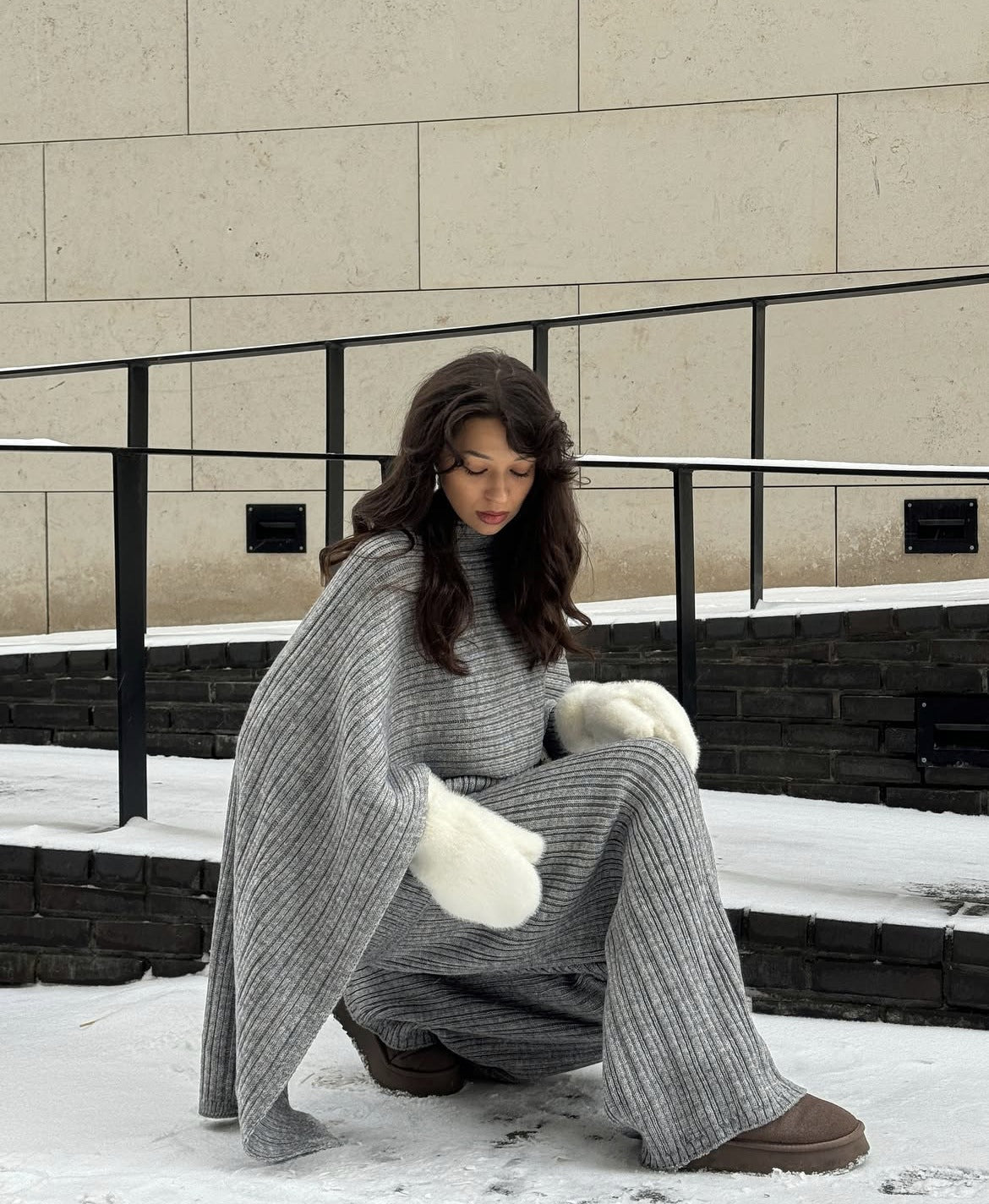 Three Piece Ribbed Sweater and Pants Set with Scarf in Heather Gray — model wearing the sweater, pants, and wrap scarf