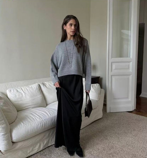 Boxy Crew Neck Sweater with Ribbed Edges in Gray — front view on model or garment
