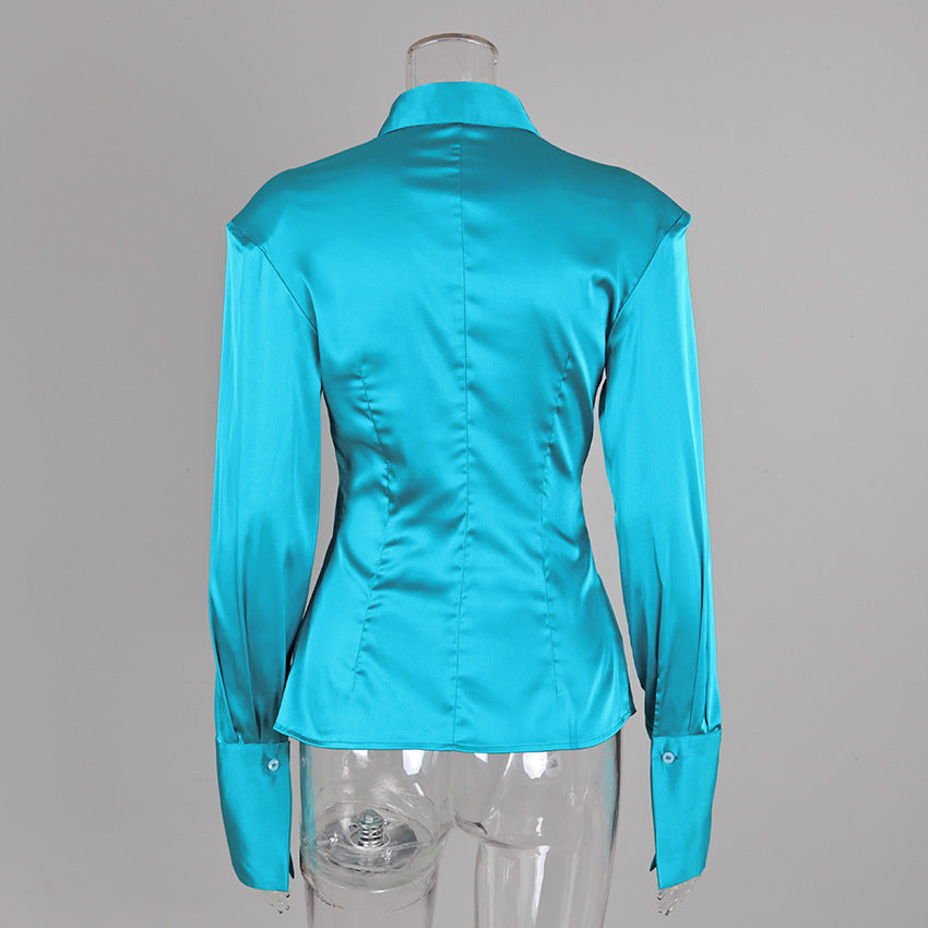 Fitted Stretch Satin Button-Up Shirt in Teal — back view on mannequin