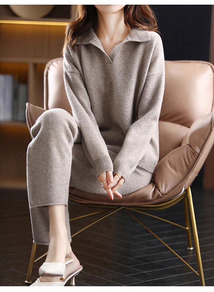 Collared Knit Sweater and Wide-Leg Pants Set in Taupe — seated view