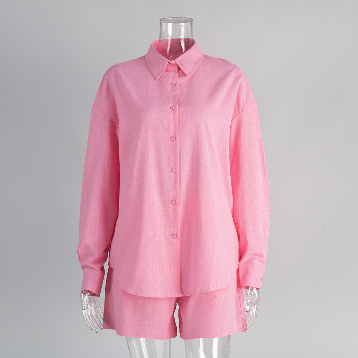 Oversized Cotton Shirt & Elastic-Waist Shorts Set in Hot Pink — set on mannequin