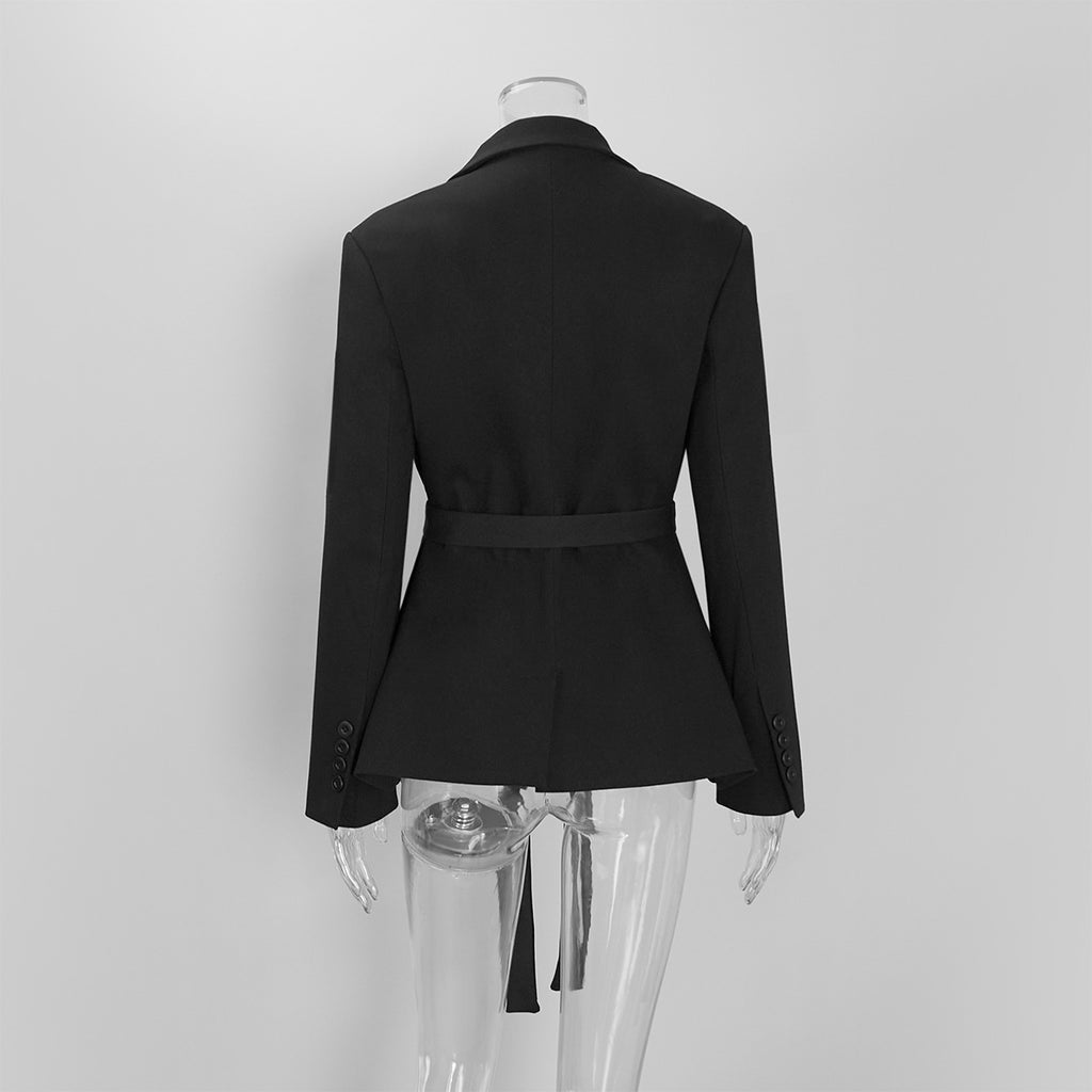 Oversized Double-Breasted Belted Blazer Jacket in Black — blazer back view