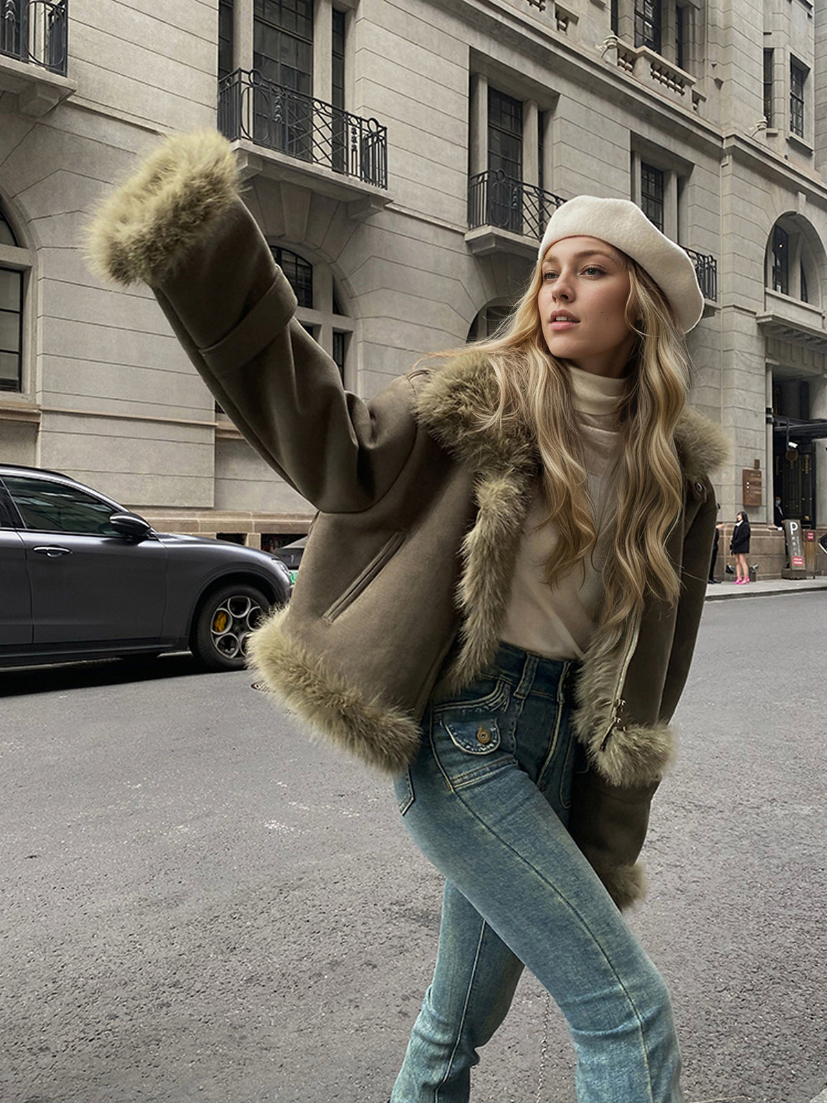Cropped Faux Suede Shearling Jacket with Faux Fur Collar in Olive — on model, side view